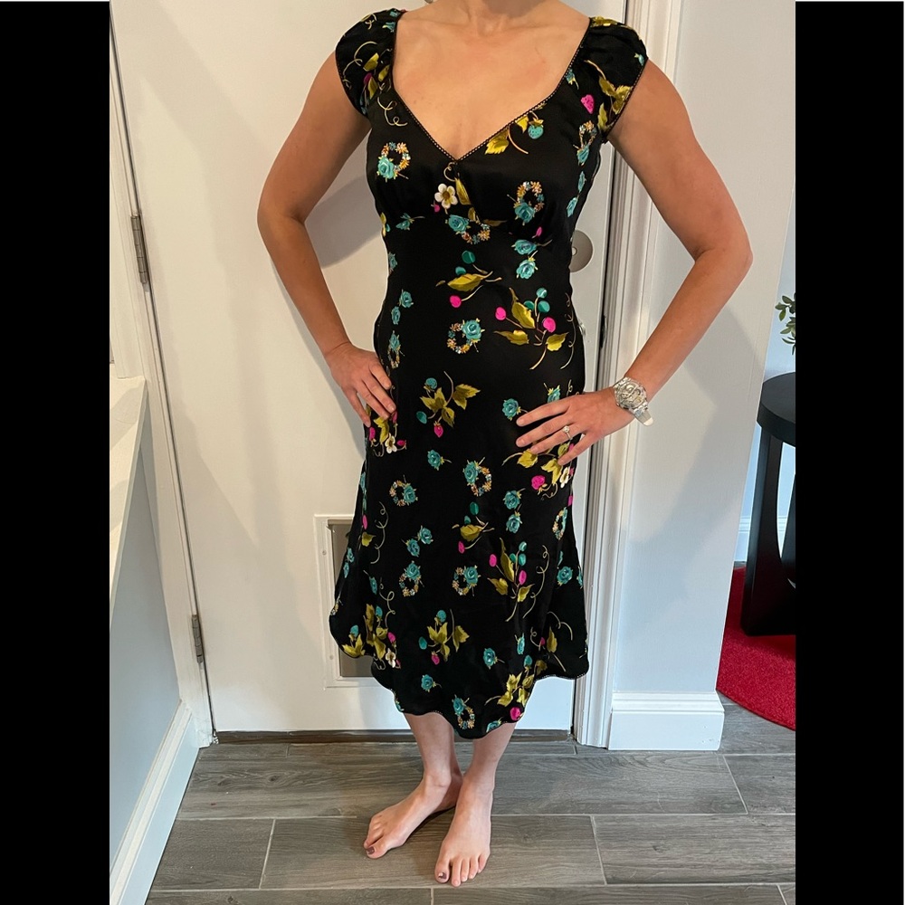 Betsey Johnson RARE silk milk maid slip dress. Fruit & floral print. Sz 6